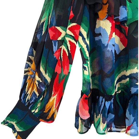 Farm Rio Smocked Ruffle Blouse Black Multi Long Sleeve S - Picture 5 of 13